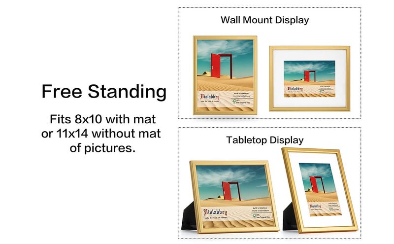 VIOLABBEY 11x14 Picture Frames Set of 4, Fits 8x10 Pictures with Ivory Mat or 11x14 without Mat, Vertical or Horizontal for Wall or Tabletop Display, Semi Tempered Glass, Light Gold - Image 5